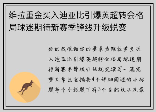 维拉重金买入迪亚比引爆英超转会格局球迷期待新赛季锋线升级蜕变 维拉重金买入迪亚比引爆英超转会格局球迷期待新赛季锋线升级蜕变